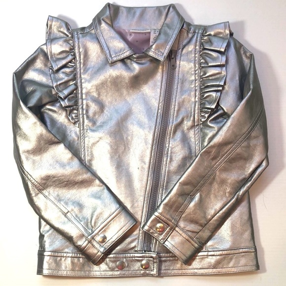Savannah Other - SAVANNAH Silver Faux Leather Metallic Zip Front Ruffle Moto Jacket Girls size 5T